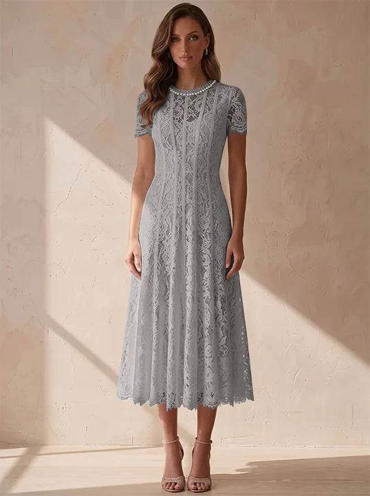 A-Line/Princess Scoop Lace Cocktail Dresses Tea-Length Little White Dresses Beading Short Sleeves Party Dresses