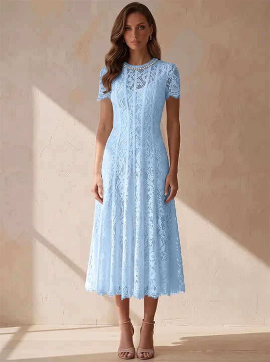 A-Line/Princess Scoop Lace Cocktail Dresses Tea-Length Little White Dresses Beading Short Sleeves Party Dresses
