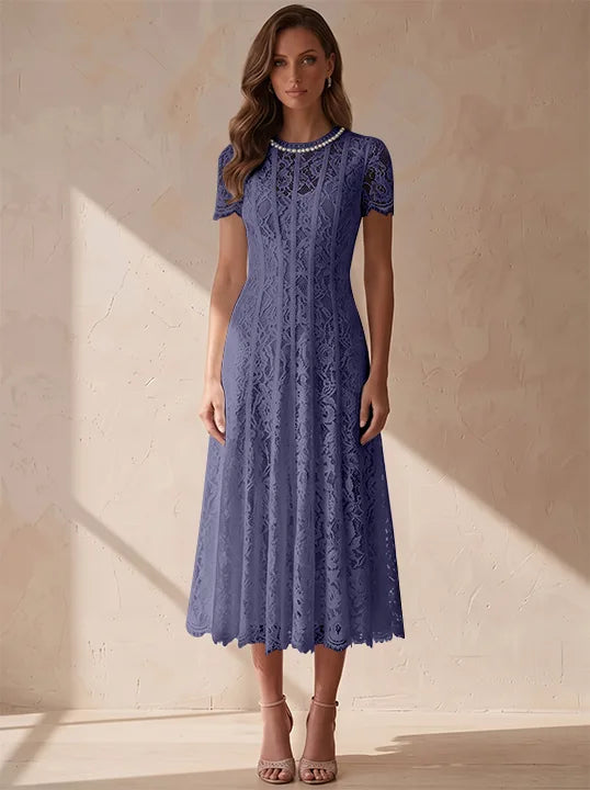 A-Line/Princess Scoop Lace Cocktail Dresses Tea-Length Little White Dresses Beading Short Sleeves Party Dresses
