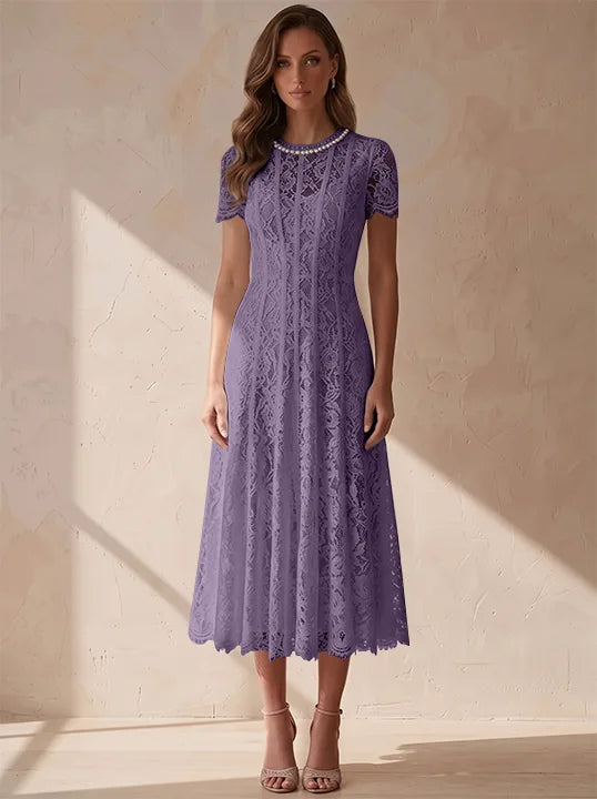 A-Line/Princess Scoop Lace Cocktail Dresses Tea-Length Little White Dresses Beading Short Sleeves Party Dresses