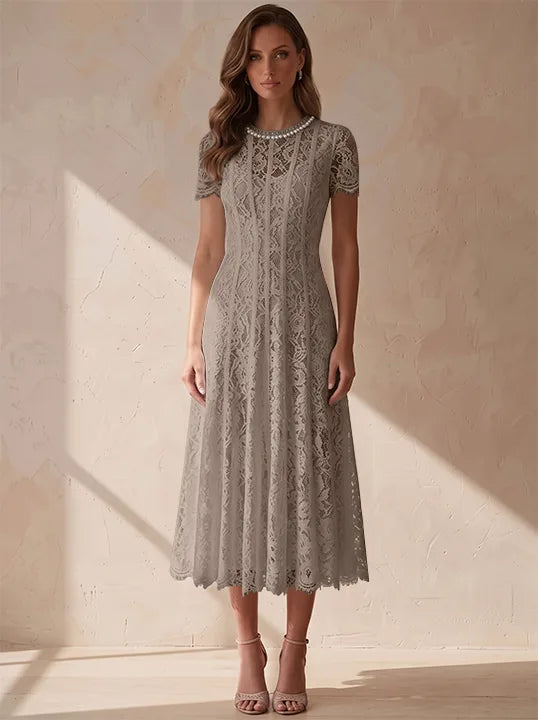 A-Line/Princess Scoop Lace Cocktail Dresses Tea-Length Little White Dresses Beading Short Sleeves Party Dresses