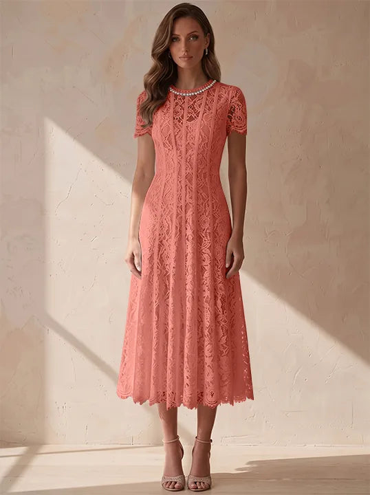A-Line/Princess Scoop Lace Cocktail Dresses Tea-Length Little White Dresses Beading Short Sleeves Party Dresses
