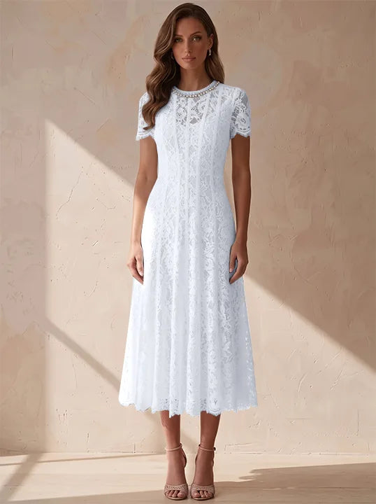 A-Line/Princess Scoop Lace Cocktail Dresses Tea-Length Little White Dresses Beading Short Sleeves Party Dresses
