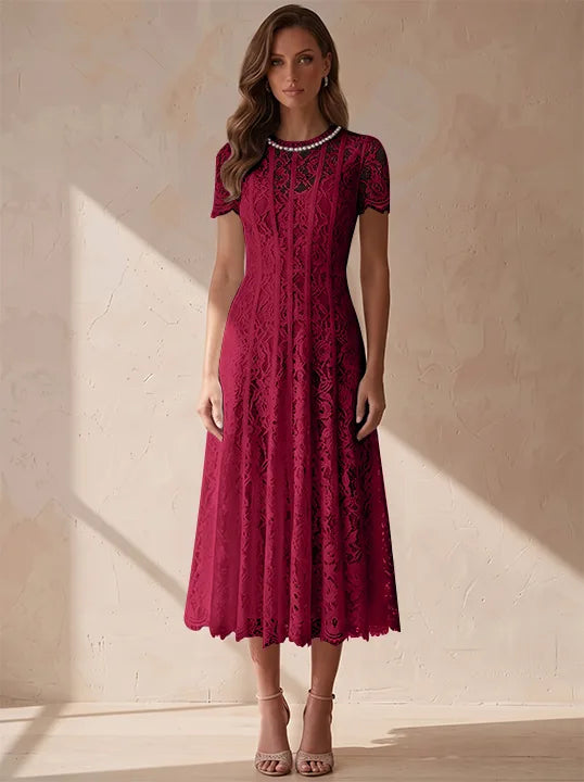 A-Line/Princess Scoop Lace Cocktail Dresses Tea-Length Little White Dresses Beading Short Sleeves Party Dresses