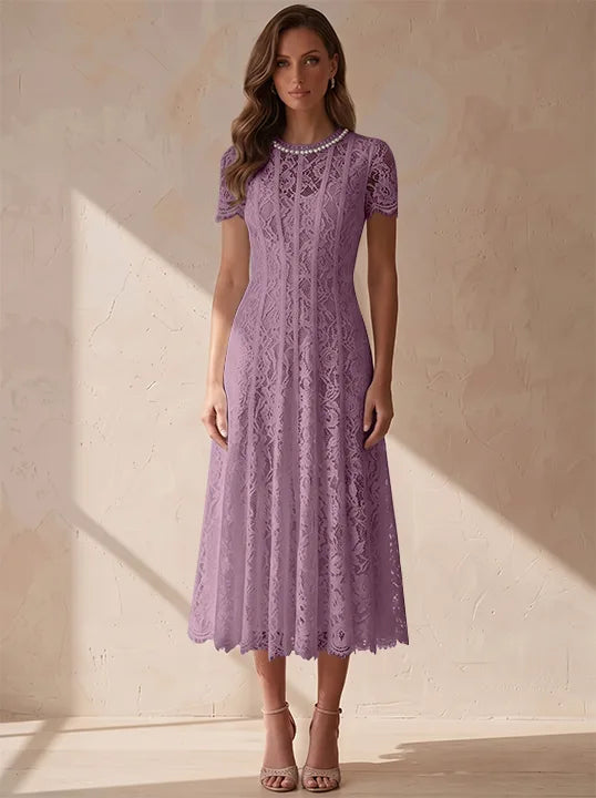 A-Line/Princess Scoop Lace Cocktail Dresses Tea-Length Little White Dresses Beading Short Sleeves Party Dresses