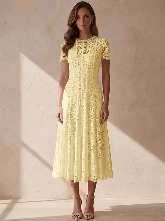 A-Line/Princess Scoop Lace Cocktail Dresses Tea-Length Little White Dresses Beading Short Sleeves Party Dresses