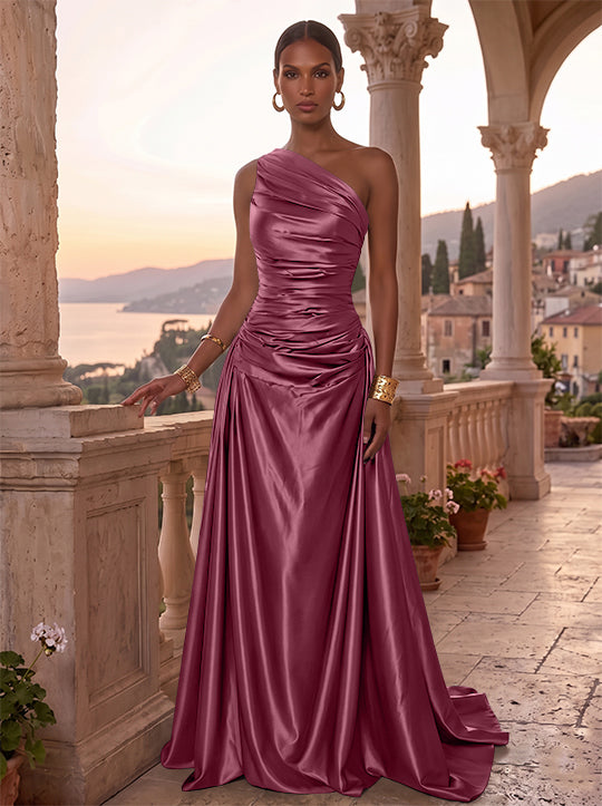A-Line/Princess One-Shoulder Silk Satin Evening Dresses Sleeveless Ruched Floor-Length Formal Dresses