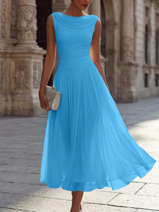 A-Line/Princess Boat Neck Chiffon Cocktail Dresses Sleeveless Tea-Length Pleated Little White Dresses Ruched Party Dresses