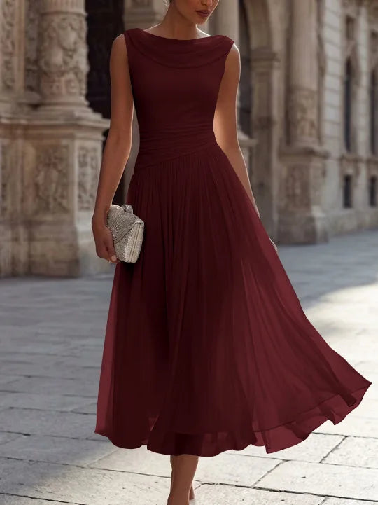 A-Line/Princess Boat Neck Chiffon Cocktail Dresses Sleeveless Tea-Length Pleated Little White Dresses Ruched Party Dresses