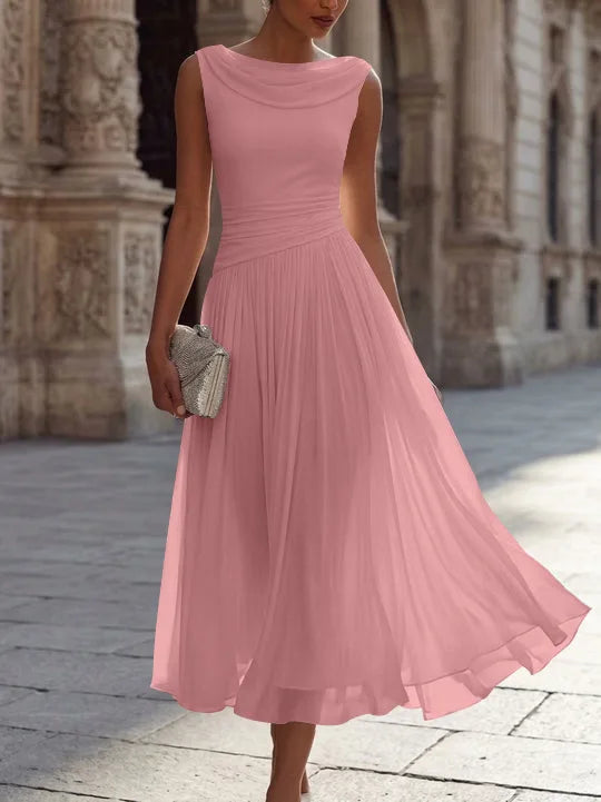 A-Line/Princess Boat Neck Chiffon Cocktail Dresses Sleeveless Tea-Length Pleated Little White Dresses Ruched Party Dresses