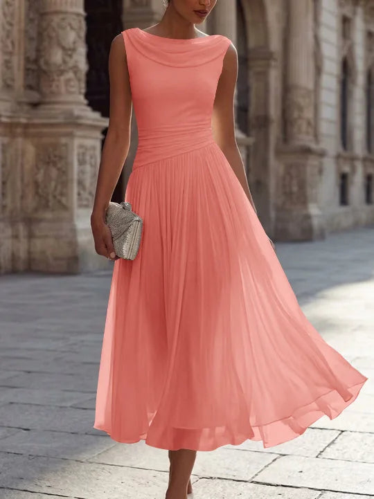 A-Line/Princess Boat Neck Chiffon Cocktail Dresses Sleeveless Tea-Length Pleated Little White Dresses Ruched Party Dresses
