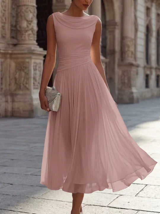 A-Line/Princess Boat Neck Chiffon Cocktail Dresses Sleeveless Tea-Length Pleated Little White Dresses Ruched Party Dresses