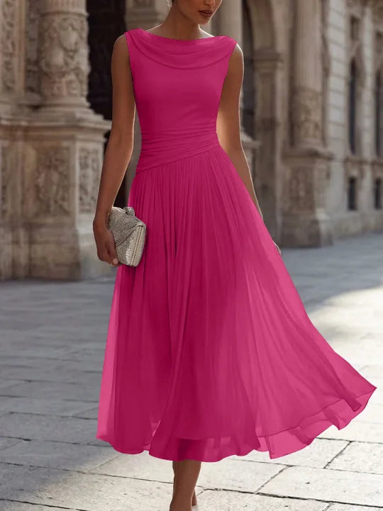 A-Line/Princess Boat Neck Chiffon Cocktail Dresses Sleeveless Tea-Length Pleated Little White Dresses Ruched Party Dresses