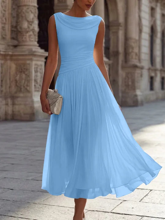 A-Line/Princess Boat Neck Chiffon Cocktail Dresses Sleeveless Tea-Length Pleated Little White Dresses Ruched Party Dresses