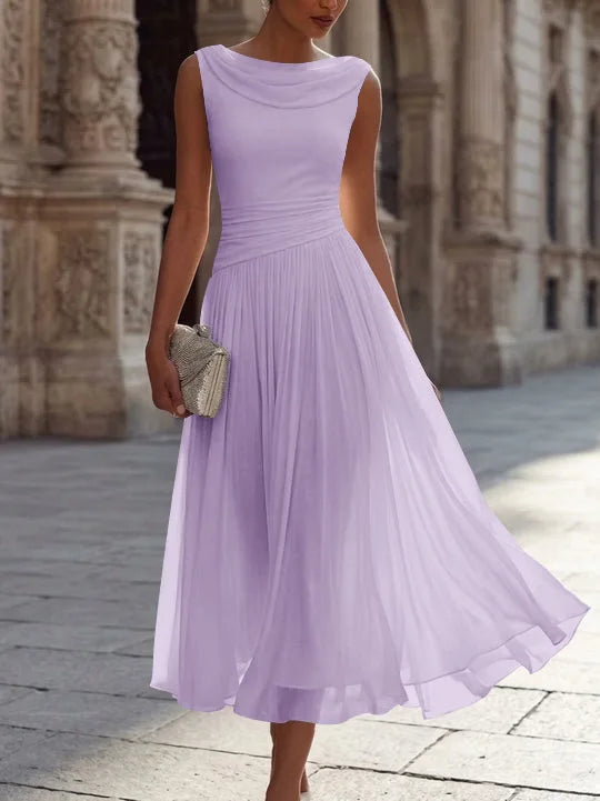 A-Line/Princess Boat Neck Chiffon Cocktail Dresses Sleeveless Tea-Length Pleated Little White Dresses Ruched Party Dresses