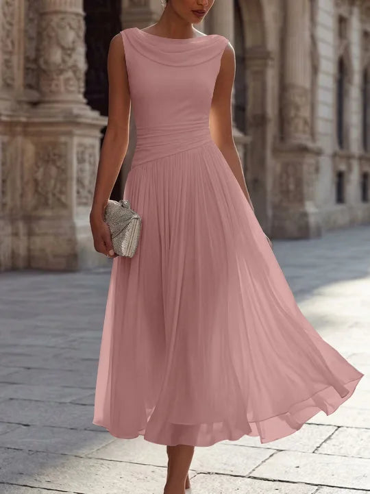 A-Line/Princess Boat Neck Chiffon Cocktail Dresses Sleeveless Tea-Length Pleated Little White Dresses Ruched Party Dresses