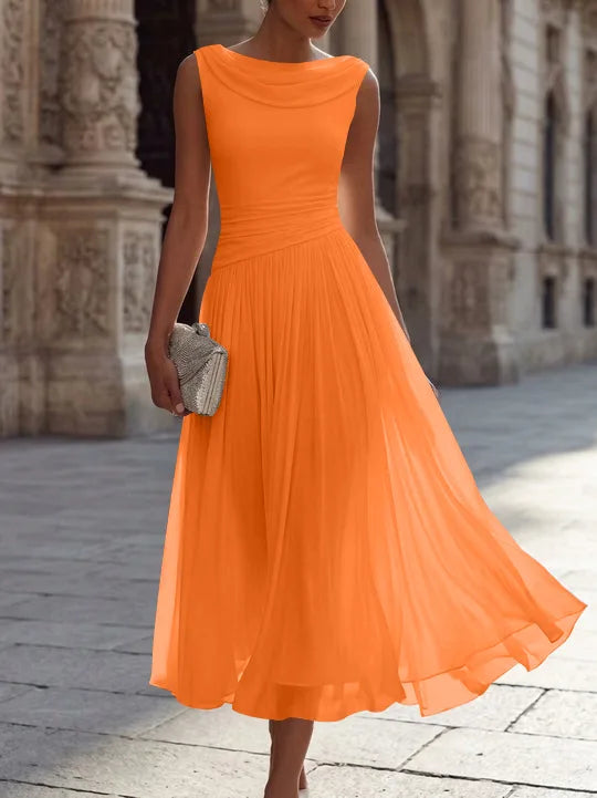 A-Line/Princess Boat Neck Chiffon Cocktail Dresses Sleeveless Tea-Length Pleated Little White Dresses Ruched Party Dresses