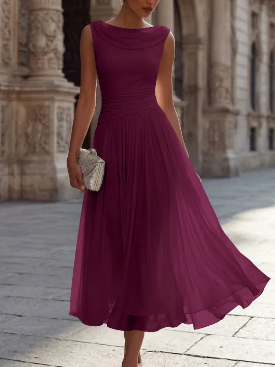 A-Line/Princess Boat Neck Chiffon Cocktail Dresses Sleeveless Tea-Length Pleated Little White Dresses Ruched Party Dresses