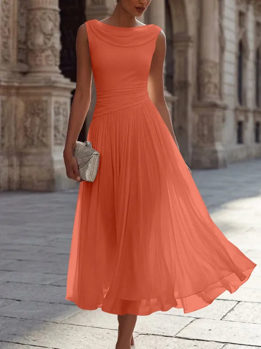 A-Line/Princess Boat Neck Chiffon Cocktail Dresses Sleeveless Tea-Length Pleated Little White Dresses Ruched Party Dresses
