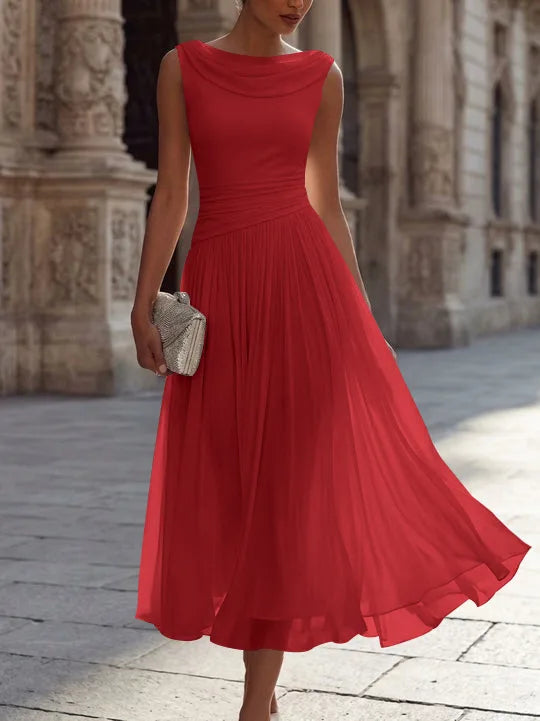 A-Line/Princess Boat Neck Chiffon Cocktail Dresses Sleeveless Tea-Length Pleated Little White Dresses Ruched Party Dresses