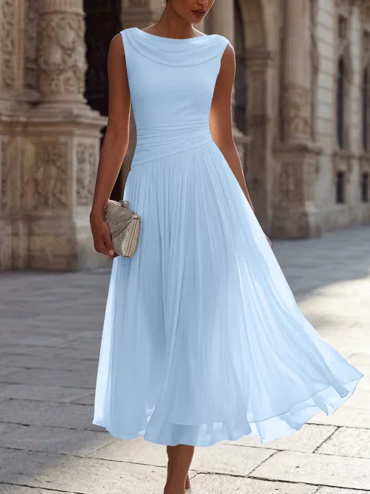 A-Line/Princess Boat Neck Chiffon Cocktail Dresses Sleeveless Tea-Length Pleated Little White Dresses Ruched Party Dresses