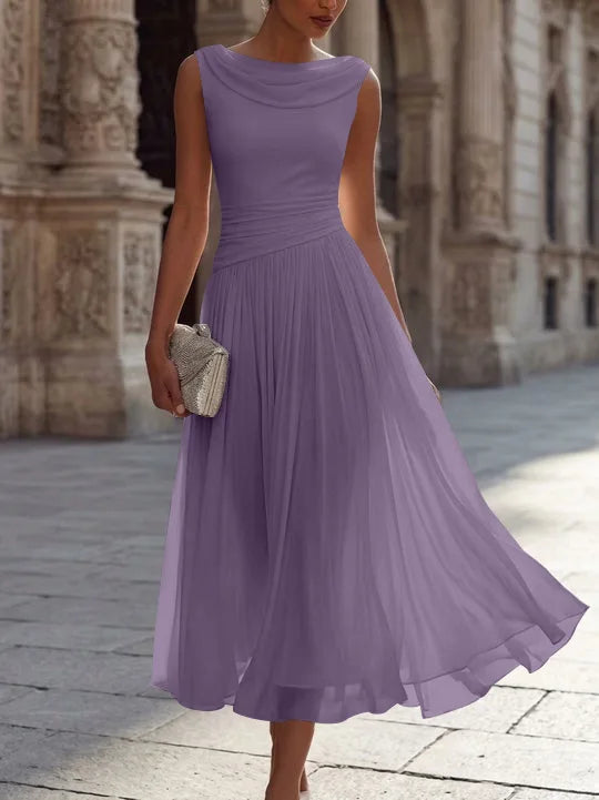 A-Line/Princess Boat Neck Chiffon Cocktail Dresses Sleeveless Tea-Length Pleated Little White Dresses Ruched Party Dresses