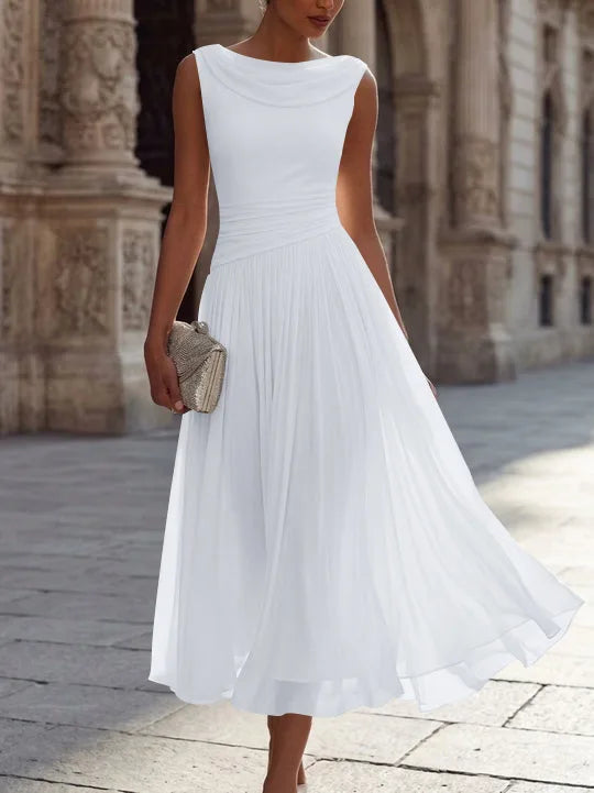 A-Line/Princess Boat Neck Chiffon Cocktail Dresses Sleeveless Tea-Length Pleated Little White Dresses Ruched Party Dresses