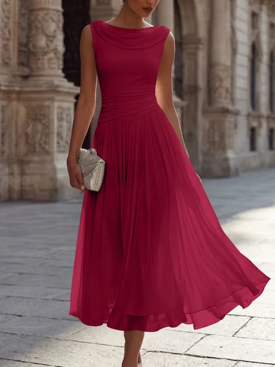 A-Line/Princess Boat Neck Chiffon Cocktail Dresses Sleeveless Tea-Length Pleated Little White Dresses Ruched Party Dresses