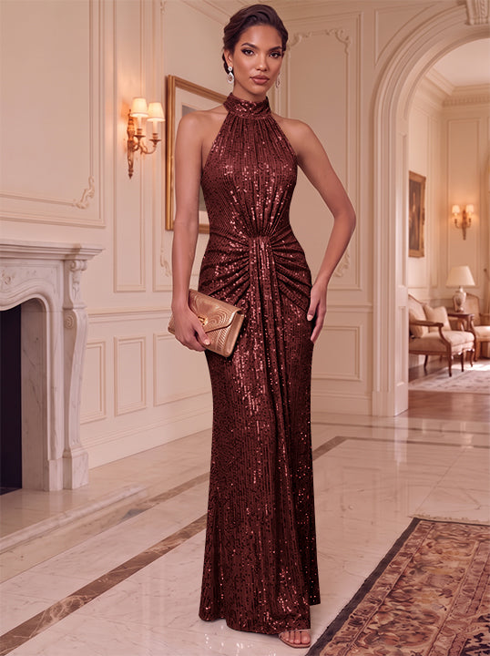 Sheath/Column Halter Sequins Evening Dresses Sleeveless Ruched Floor-Length Party Dresses