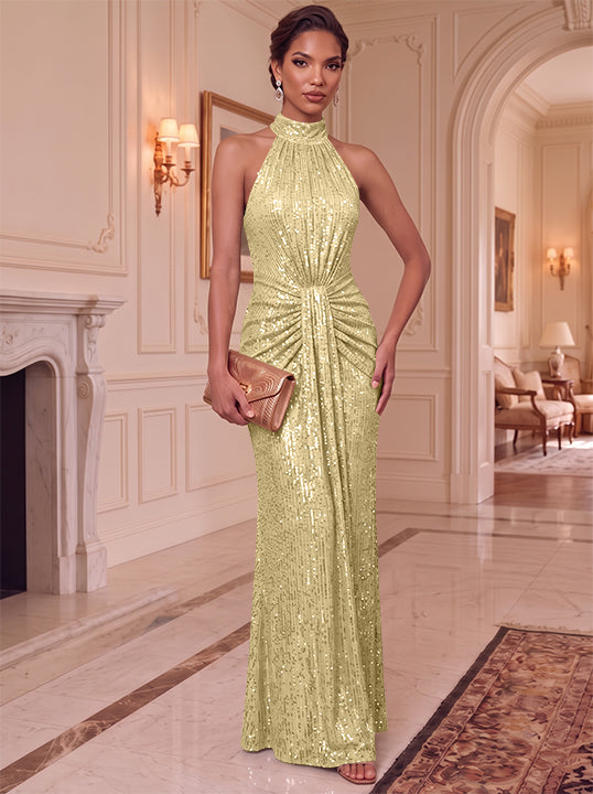 Sheath/Column Halter Sequins Evening Dresses Sleeveless Ruched Floor-Length Party Dresses