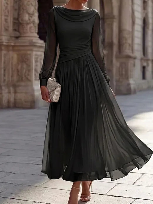 A-Line/Princess Boat Neck Chiffon Cocktail Dresses Long Sleeves Tea-Length Pleated Little White Dresses Ruched Party Dresses