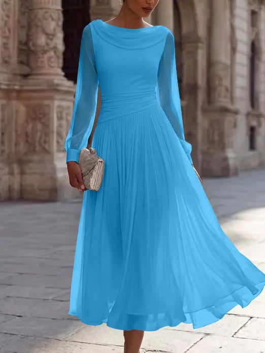 A-Line/Princess Boat Neck Chiffon Cocktail Dresses Long Sleeves Tea-Length Pleated Little White Dresses Ruched Party Dresses