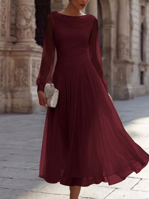 A-Line/Princess Boat Neck Chiffon Cocktail Dresses Long Sleeves Tea-Length Pleated Little White Dresses Ruched Party Dresses