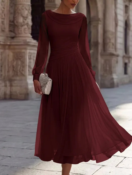 A-Line/Princess Boat Neck Chiffon Cocktail Dresses Long Sleeves Tea-Length Pleated Little White Dresses Ruched Party Dresses