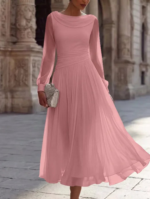 A-Line/Princess Boat Neck Chiffon Cocktail Dresses Long Sleeves Tea-Length Pleated Little White Dresses Ruched Party Dresses