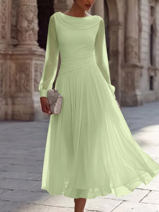 A-Line/Princess Boat Neck Chiffon Cocktail Dresses Long Sleeves Tea-Length Pleated Little White Dresses Ruched Party Dresses