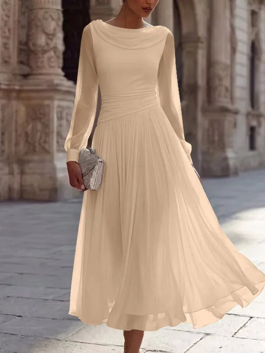 A-Line/Princess Boat Neck Chiffon Cocktail Dresses Long Sleeves Tea-Length Pleated Little White Dresses Ruched Party Dresses