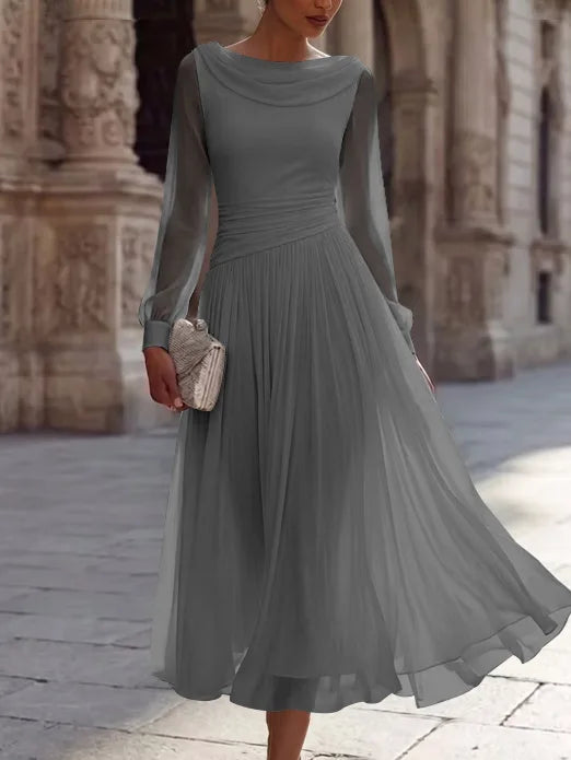 A-Line/Princess Boat Neck Chiffon Cocktail Dresses Long Sleeves Tea-Length Pleated Little White Dresses Ruched Party Dresses