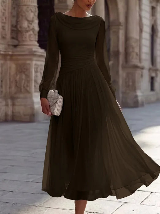A-Line/Princess Boat Neck Chiffon Cocktail Dresses Long Sleeves Tea-Length Pleated Little White Dresses Ruched Party Dresses