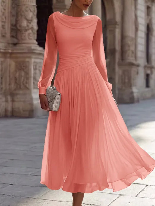 A-Line/Princess Boat Neck Chiffon Cocktail Dresses Long Sleeves Tea-Length Pleated Little White Dresses Ruched Party Dresses