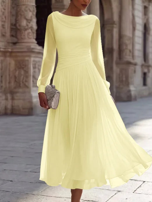 A-Line/Princess Boat Neck Chiffon Cocktail Dresses Long Sleeves Tea-Length Pleated Little White Dresses Ruched Party Dresses