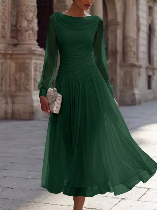 A-Line/Princess Boat Neck Chiffon Cocktail Dresses Long Sleeves Tea-Length Pleated Little White Dresses Ruched Party Dresses