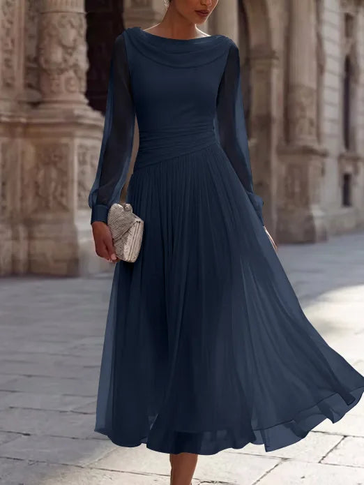 A-Line/Princess Boat Neck Chiffon Cocktail Dresses Long Sleeves Tea-Length Pleated Little White Dresses Ruched Party Dresses
