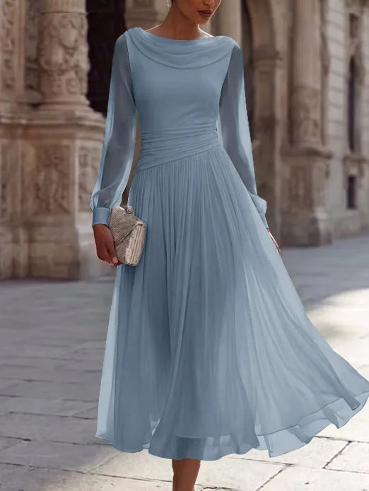 A-Line/Princess Boat Neck Chiffon Cocktail Dresses Long Sleeves Tea-Length Pleated Little White Dresses Ruched Party Dresses
