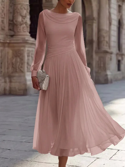 A-Line/Princess Boat Neck Chiffon Cocktail Dresses Long Sleeves Tea-Length Pleated Little White Dresses Ruched Party Dresses