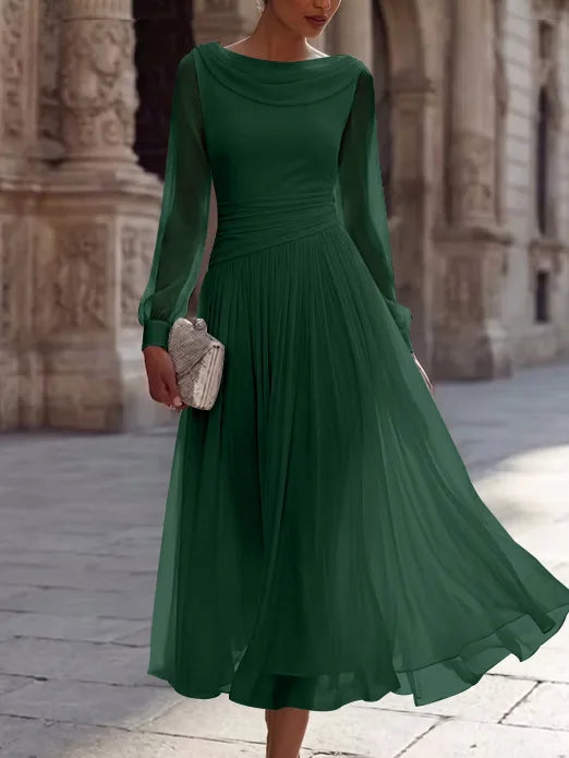 A-Line/Princess Boat Neck Chiffon Cocktail Dresses Long Sleeves Tea-Length Pleated Little White Dresses Ruched Party Dresses