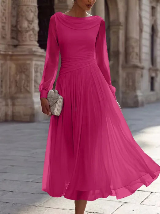 A-Line/Princess Boat Neck Chiffon Cocktail Dresses Long Sleeves Tea-Length Pleated Little White Dresses Ruched Party Dresses