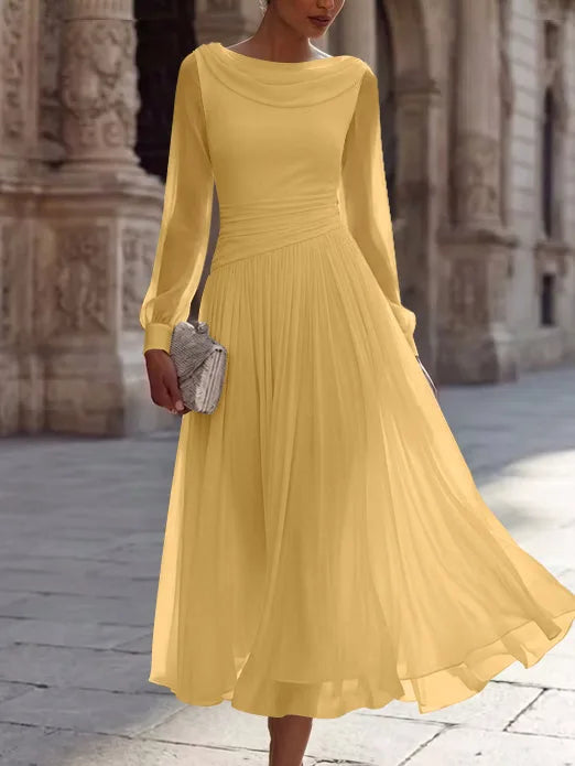 A-Line/Princess Boat Neck Chiffon Cocktail Dresses Long Sleeves Tea-Length Pleated Little White Dresses Ruched Party Dresses