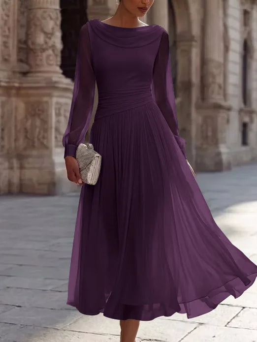 A-Line/Princess Boat Neck Chiffon Cocktail Dresses Long Sleeves Tea-Length Pleated Little White Dresses Ruched Party Dresses