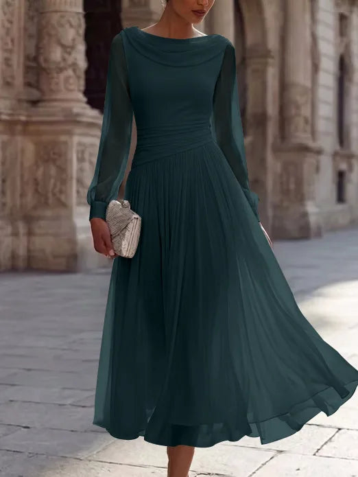 A-Line/Princess Boat Neck Chiffon Cocktail Dresses Long Sleeves Tea-Length Pleated Little White Dresses Ruched Party Dresses